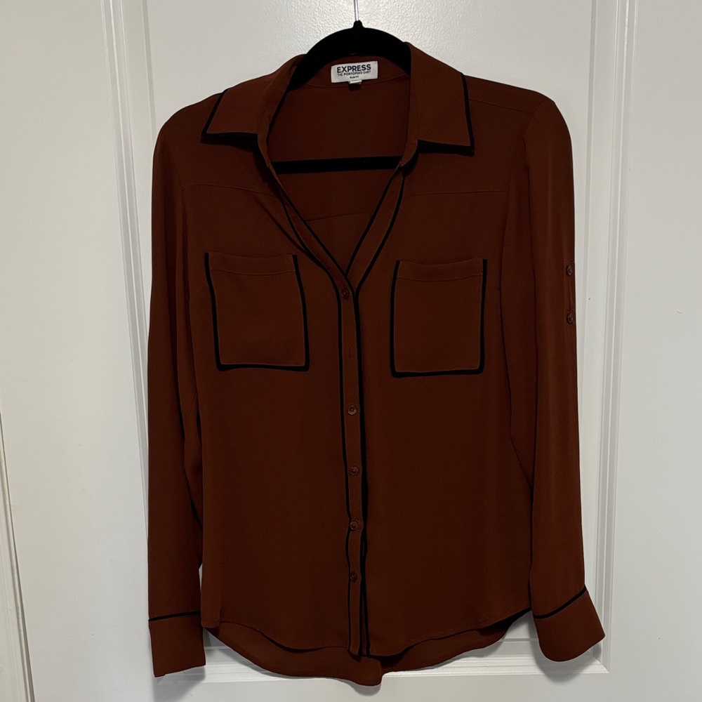 Express Brown Blouse with Black Trim